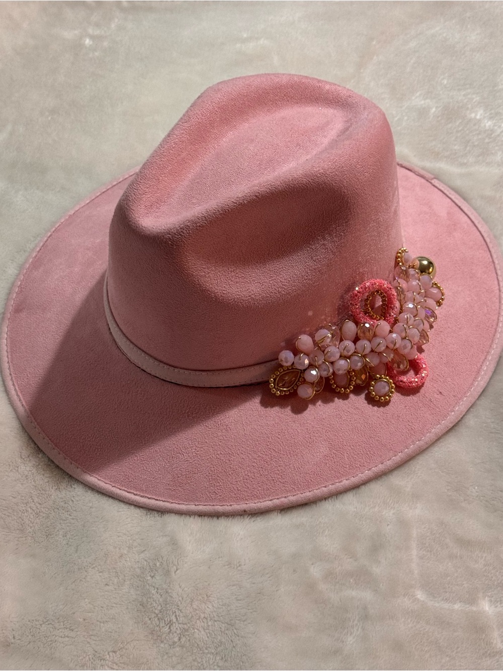 Blush Pink Beaded Wide-Brim Fedora Hat